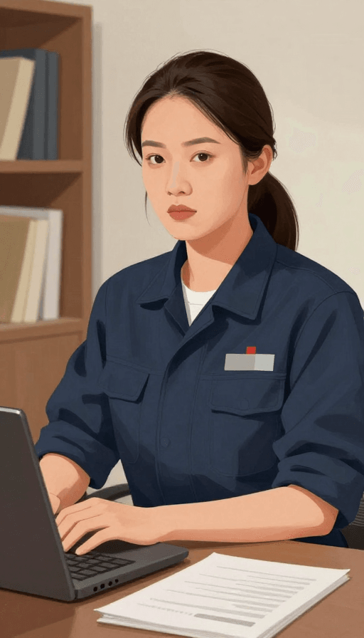 人物肖像素材：30岁亚洲女工严肃厚涂书房肖像插画