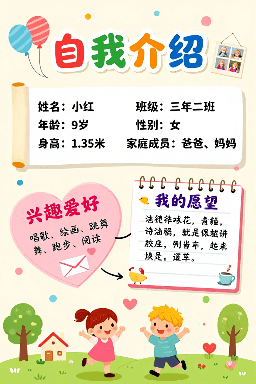 温馨海报素材：童趣手账自我介绍海报：金发女孩温馨插画设计