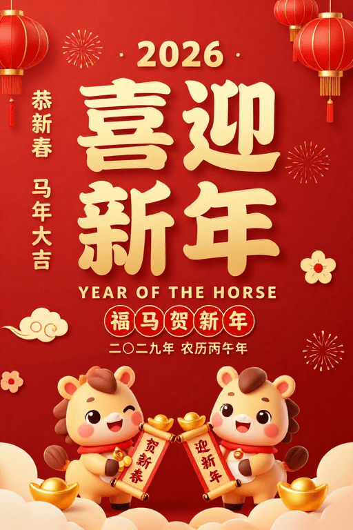 2026春节素材：2026新春贺图：金色立体字与卡通马的热烈庆祝