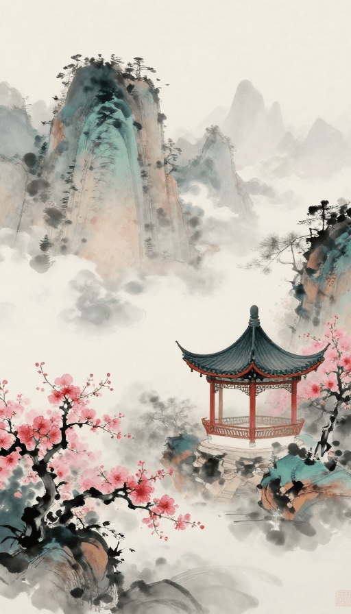 艺术创作素材：水墨仙山云雾缭绕古建繁花点缀的梦幻意境