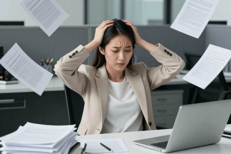 现代办公室素材：职场人焦虑瞬间：飞散文件中的压力时刻