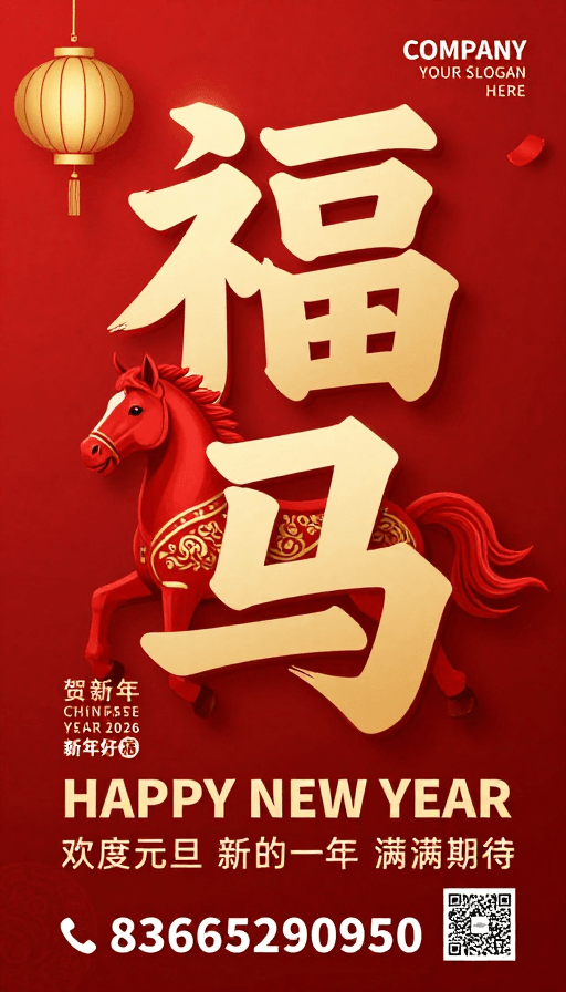 春节贺岁素材：福马迎新春，2026年快乐祝福海报
