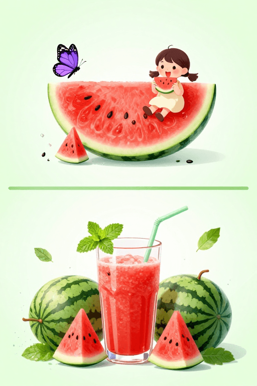 西瓜主题素材：清新夏日水果插画：童趣西瓜与果汁背景图