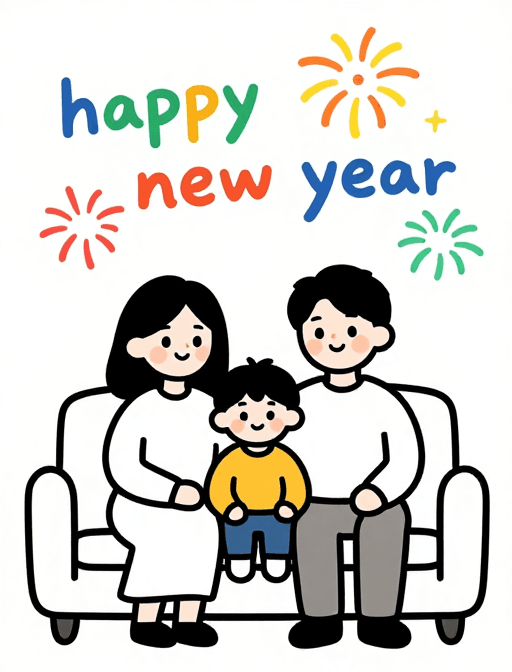 亲子时光素材：2025新年快乐：温馨家庭彩色线稿插画