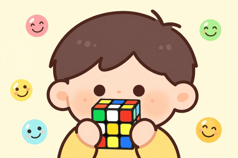 亲子互动素材：童趣魔方游戏：卡通泡泡环绕男孩特写