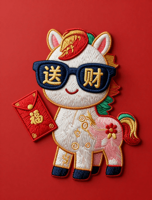 新春祝福素材：新春吉祥：戴墨镜送财的苏绣小马