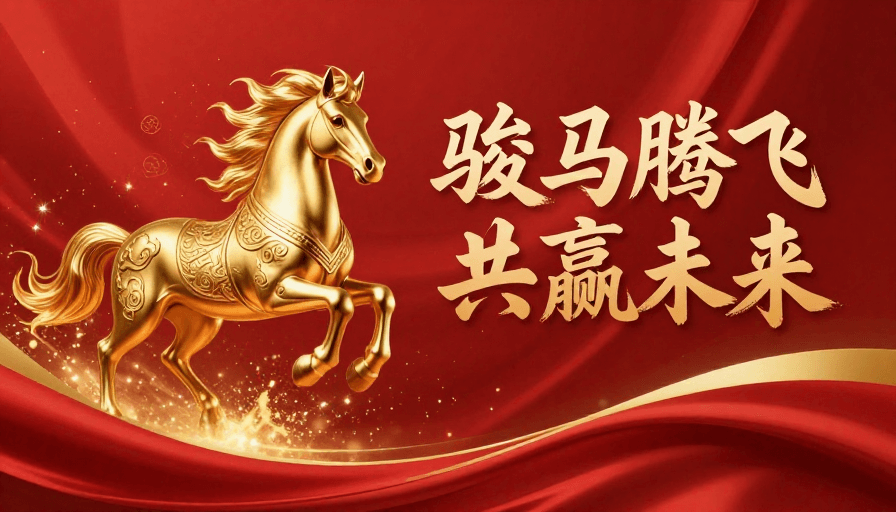 金色骏马素材：金骏腾跃庆佳节，红绸流光共未来