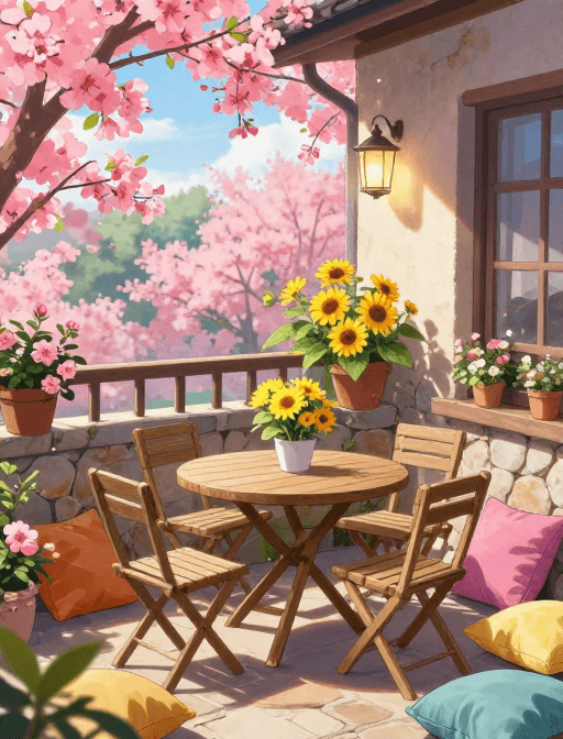 高清晰度素材：春日阳台动漫风景：鲜花与石墙的温馨时刻