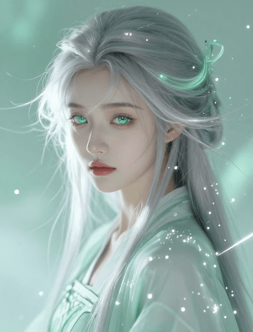 透明背景素材：薄荷绿古风少女银发特写，柔光渲染忧伤仙气