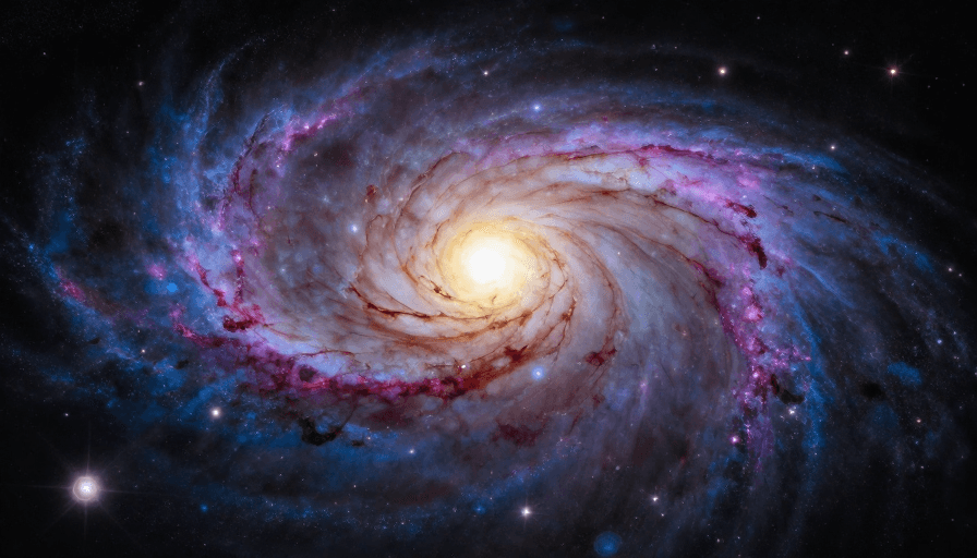 天文科普素材：高清螺旋星系：暖黄核心与紫蓝旋臂的宇宙奇观