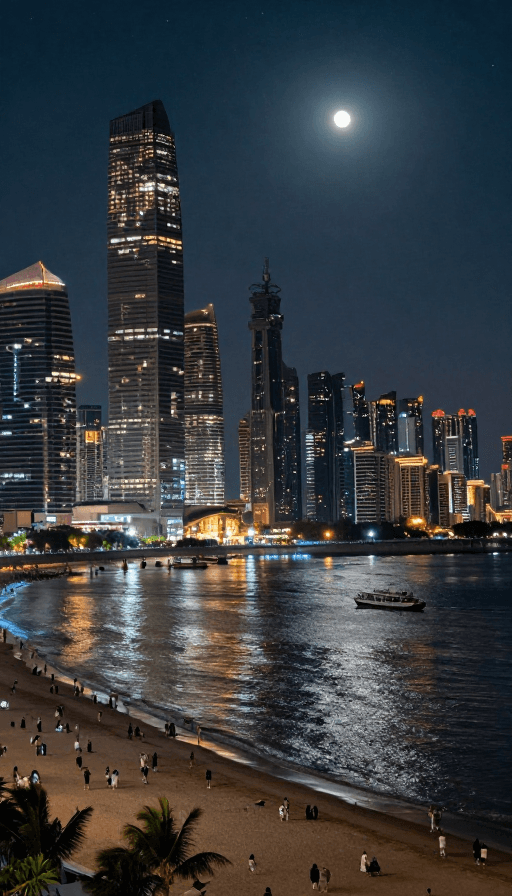 超清画质素材：璀璨滨海夜景：城市与星空的交融