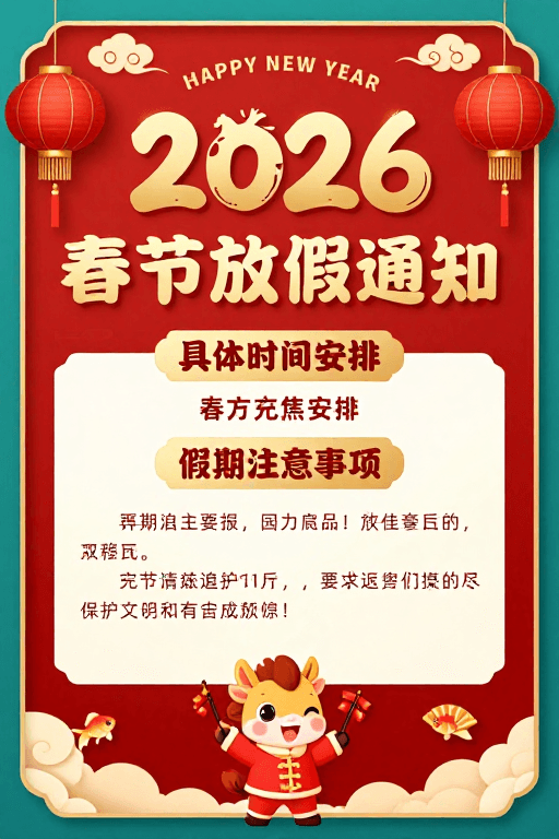 喜庆设计素材：2026新春佳节：传统艺术融合的春节放假通知