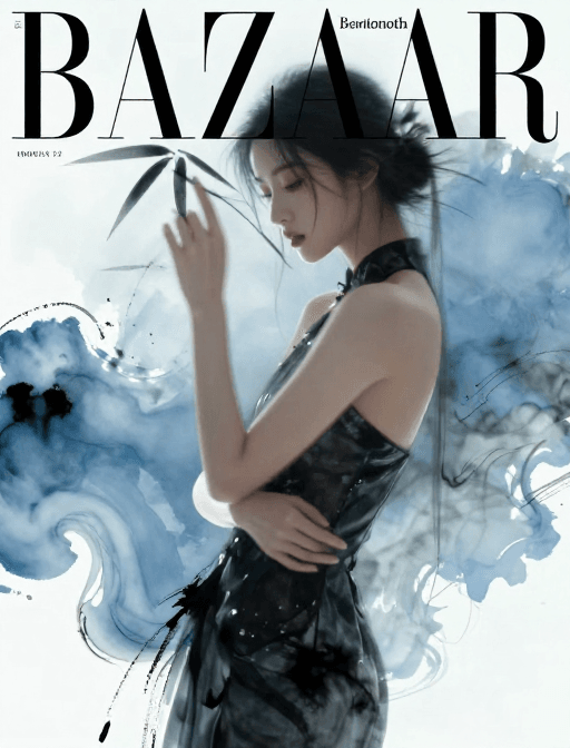 岩彩艺术素材：新中式时尚：清冷模特的水墨封面