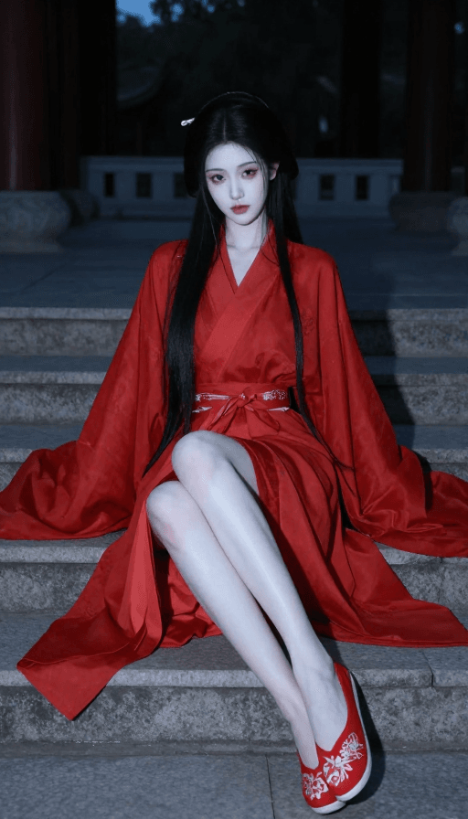 中国风美学素材：红嫁衣下的古典佳人：夜色中的孤寂之美