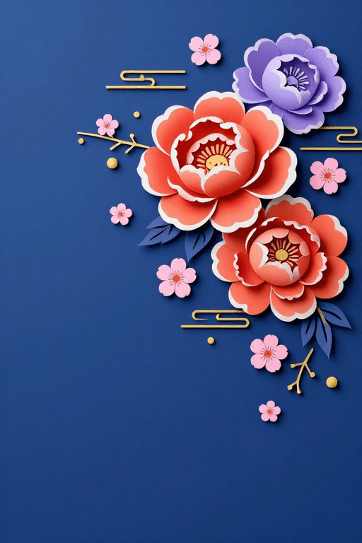 剪纸艺术素材：深蓝背景立体剪纸牡丹：东方节庆艺术插画