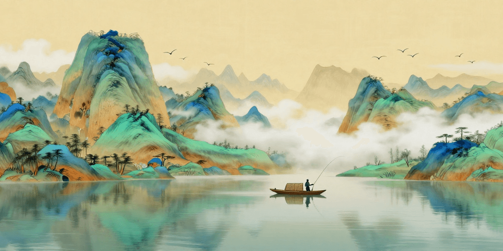 山水画素材：青绿山水小舟垂钓：中国风艺术风景插画
