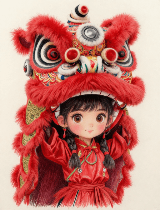 古风插画素材：非遗新韵：红色醒狮少女彩铅画