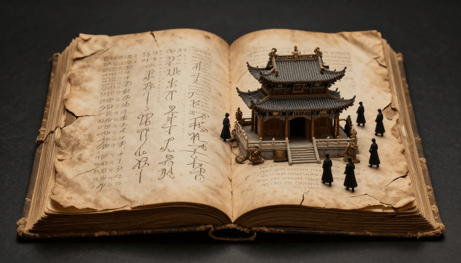 古魔法书素材：古魔法书中的微型中国建筑：神秘与历史的交汇