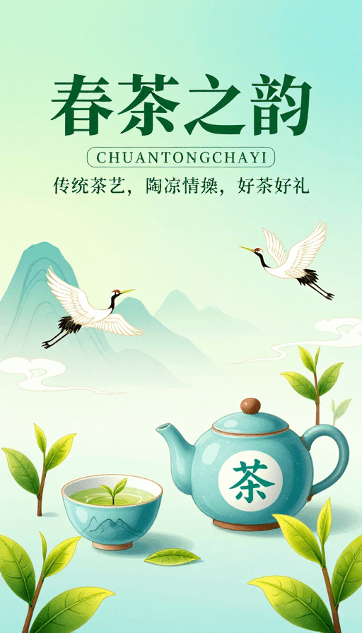 国风插画素材：春意盎然：清新国风春茶主题海报设计