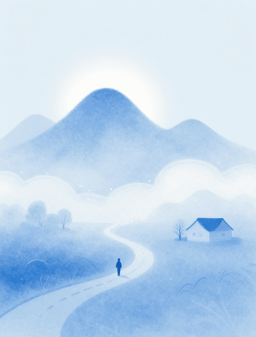 治愈系插画素材：蓝色调极简乡村意境流体粉彩插画