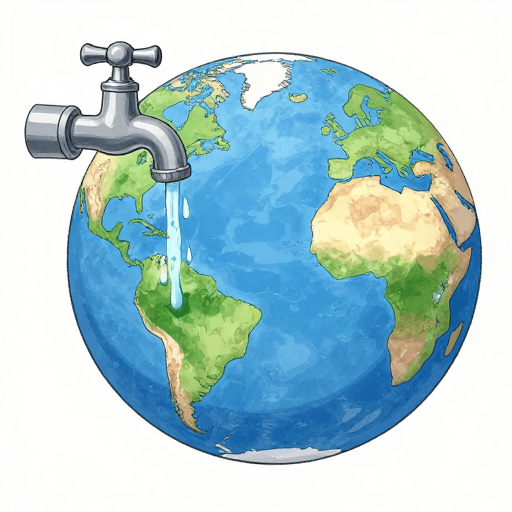 动漫插画素材：地球水龙头滴水：日式动漫警示水危机