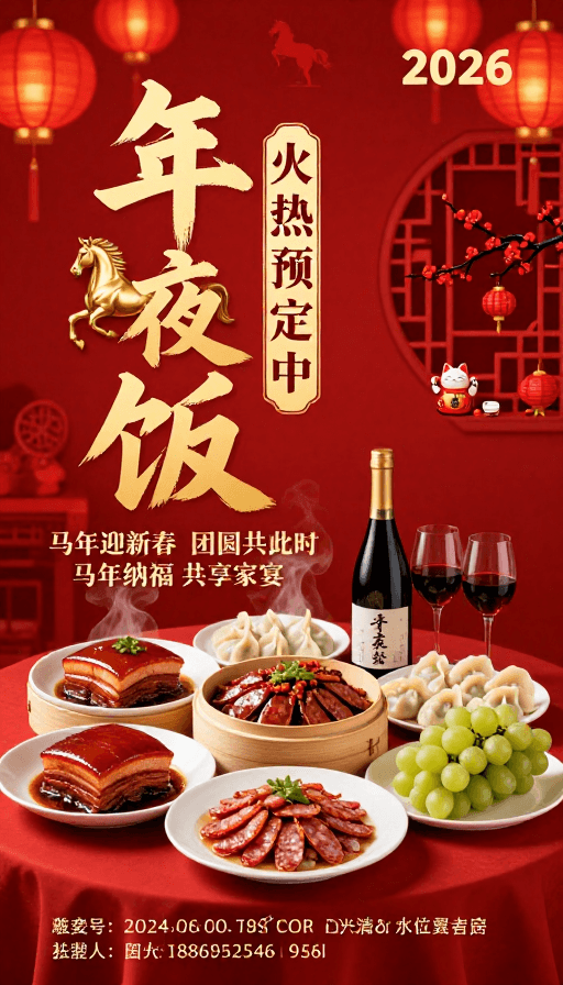 年夜饭素材：马年新春年夜饭海报：喜庆金红盛宴预定