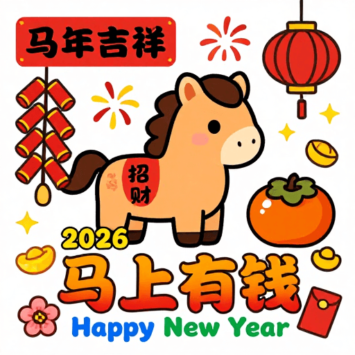 好运寓意素材：2026马年卡通庆祝插画：招财吉祥与新年祝福