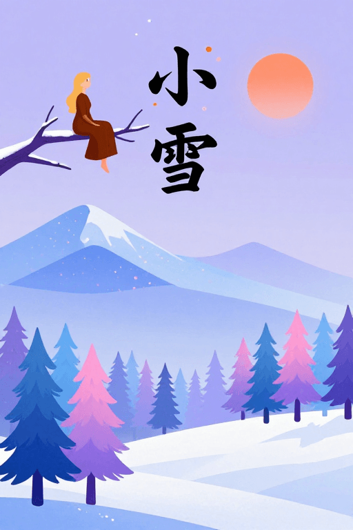 艺术装饰素材：梦幻紫蓝冬日雪景插画，静谧中蕴含诗意与温暖