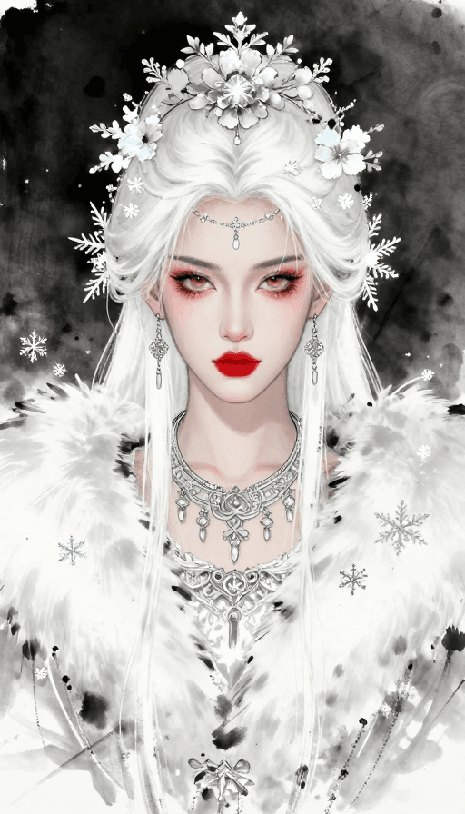 中国古代神女素材：雪域冰花水墨神女图