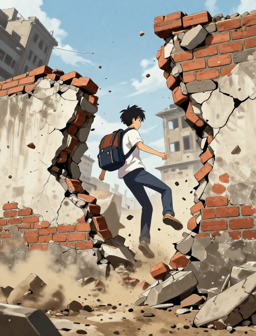 动漫插画素材：超现实地震灾难：少年坠落的惊险瞬间
