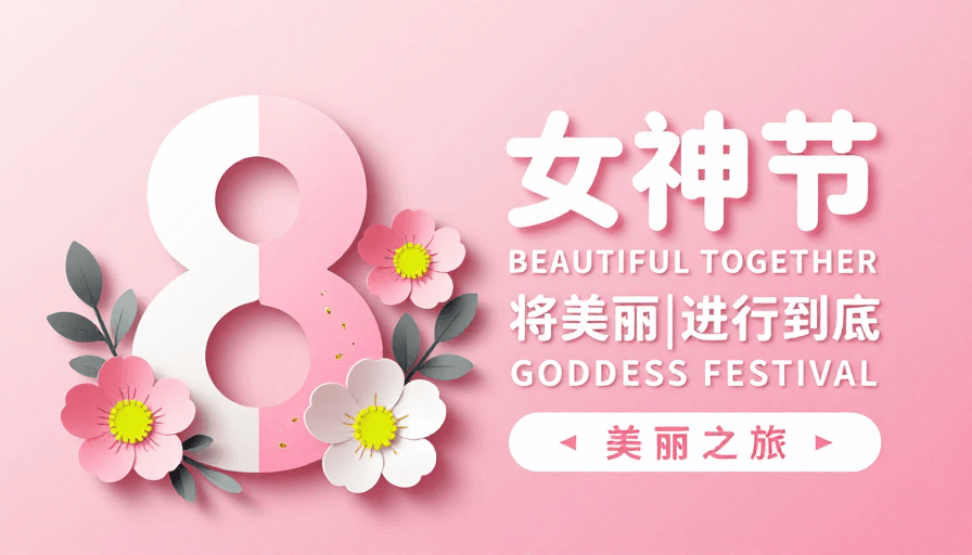 粉色渐变素材：女神节专属：粉色渐变纸艺数字与花朵的优雅庆典