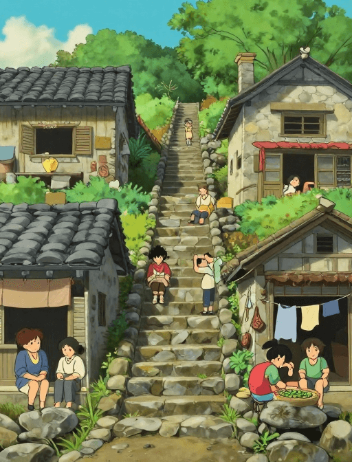 田园风光素材：宫崎骏风乡村石屋生活全景插画