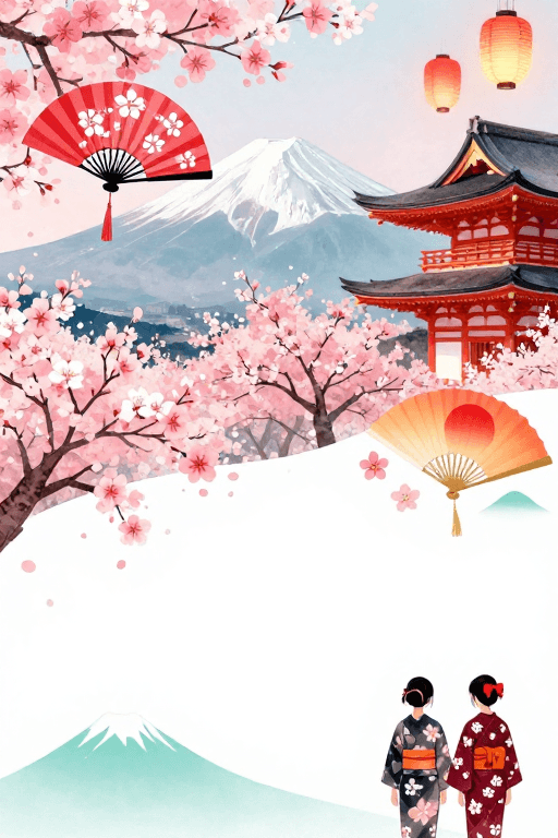 PPT背景素材：春樱和风物语：清新雅致日式插画