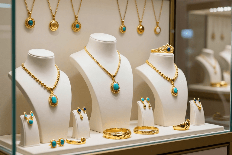 暖光照明素材：奢华黄金珠宝套装展示：绿松石蓝宝石镶嵌高定臻品
