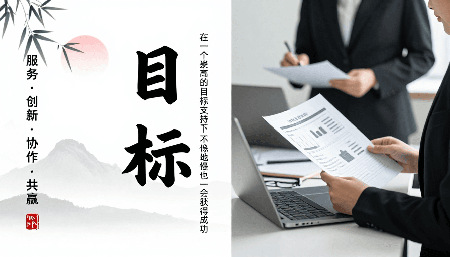 团队协作素材：目标驱动的现代商务水墨风格海报