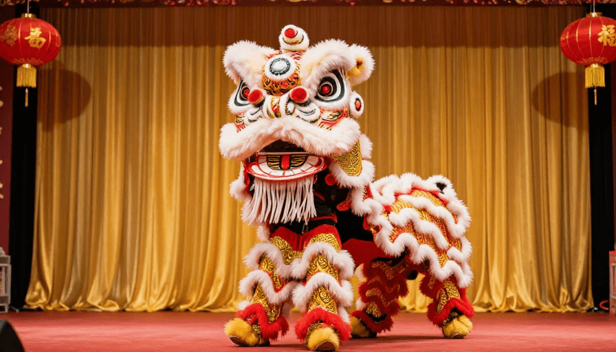 中式传统素材：传统舞狮表演：红白金纹狮子跃动暖光舞台