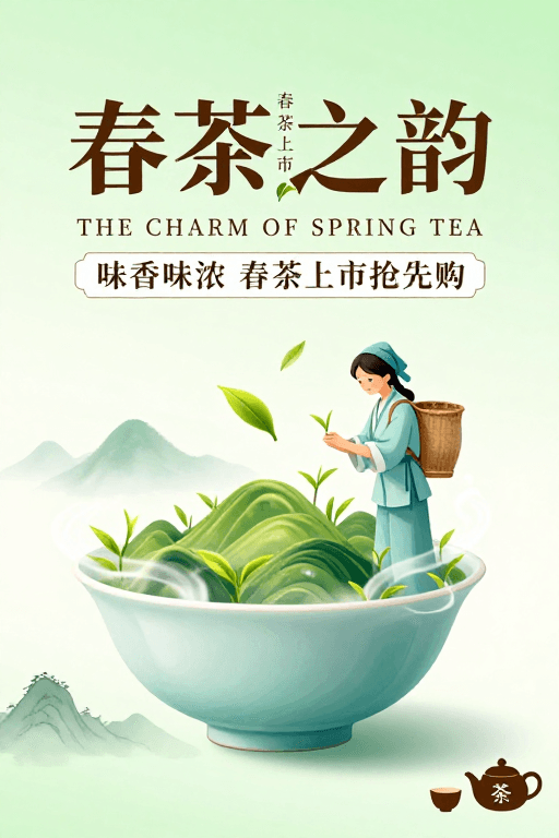 清新淡雅素材：春茶之韵：中国风春日茶山上市插画海报