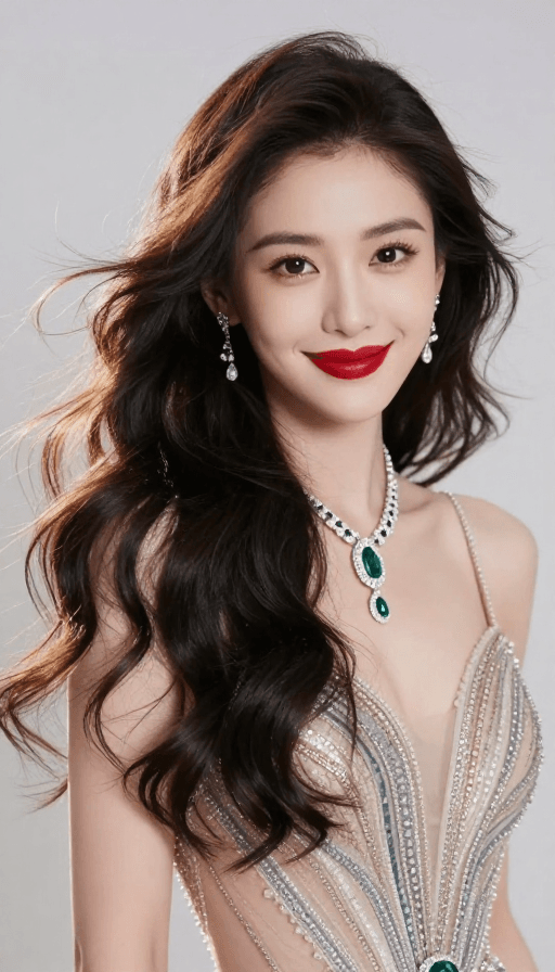 纯色背景素材：华丽红唇魅力女主播：精致礼服与微风吹起的长发