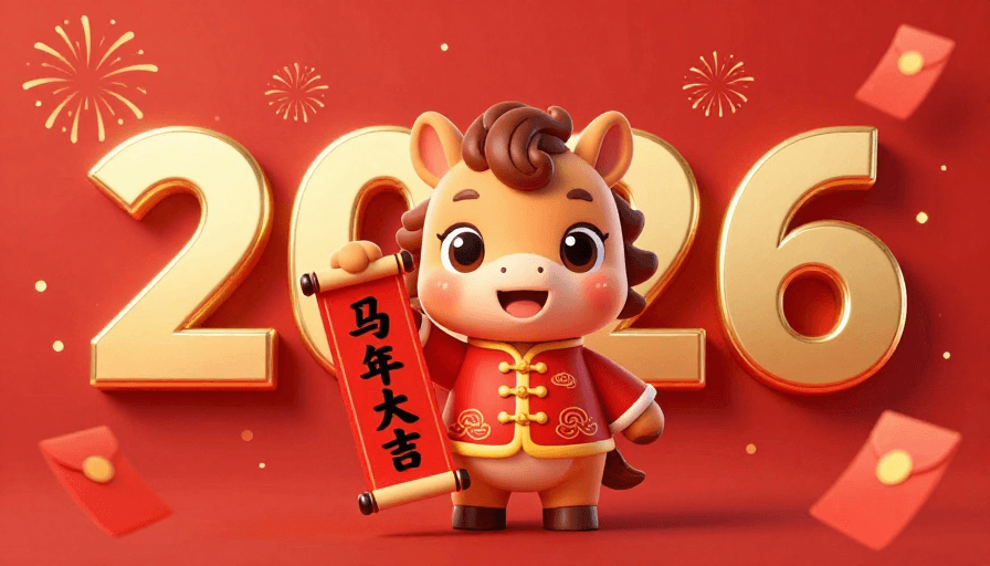 新年氛围素材：3D卡通马形象，马年大吉喜庆氛围渲染图