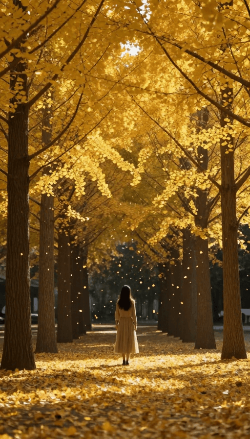光影摄影素材：金秋银杏雨：暗黑少女背影的诗意画卷
