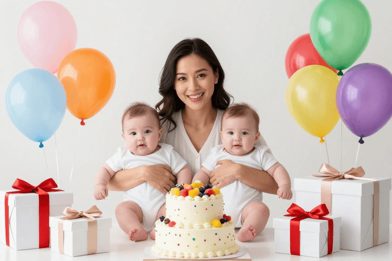 母婴庆祝素材：温馨母婴佳节：亚洲宝妈怀抱双子庆生