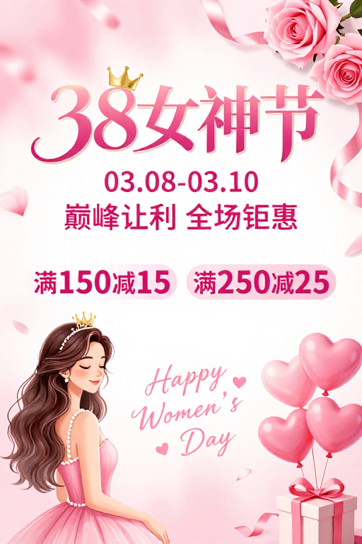 粉色浪漫素材：粉色梦幻 38 女神节促销海报