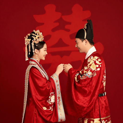 传统习俗素材：喜庆中式婚礼新人合照·红色囍字烘托欢乐氛围