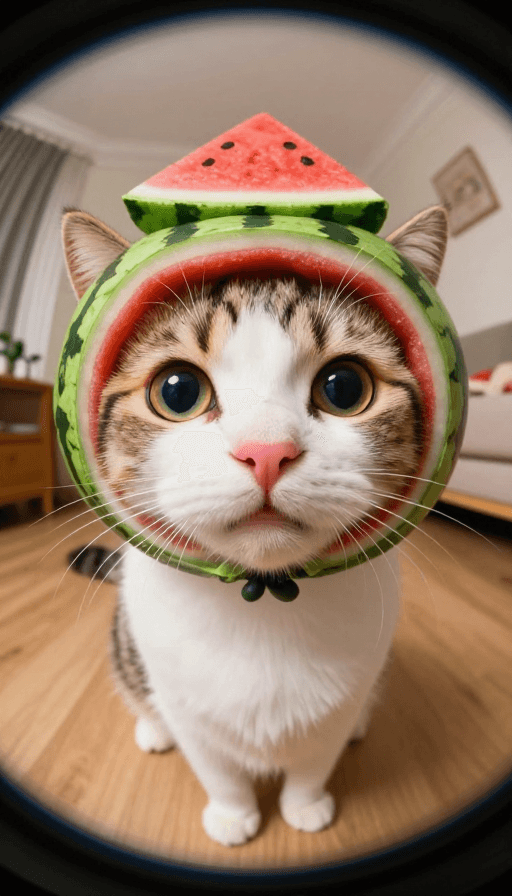 鱼眼镜头素材：超写实电影感：异瞳西瓜头套萌猫特写