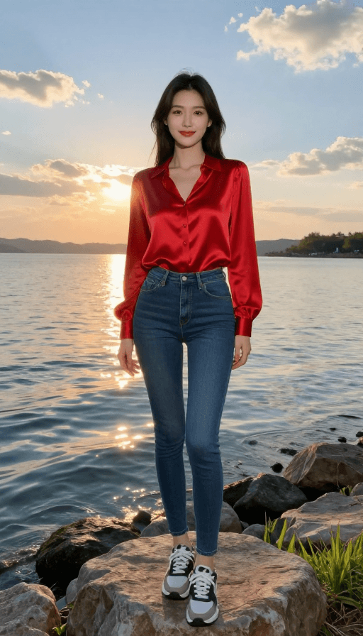 女性模特素材：夕阳湖畔的优雅少女：波光粼粼湖水中的自然美