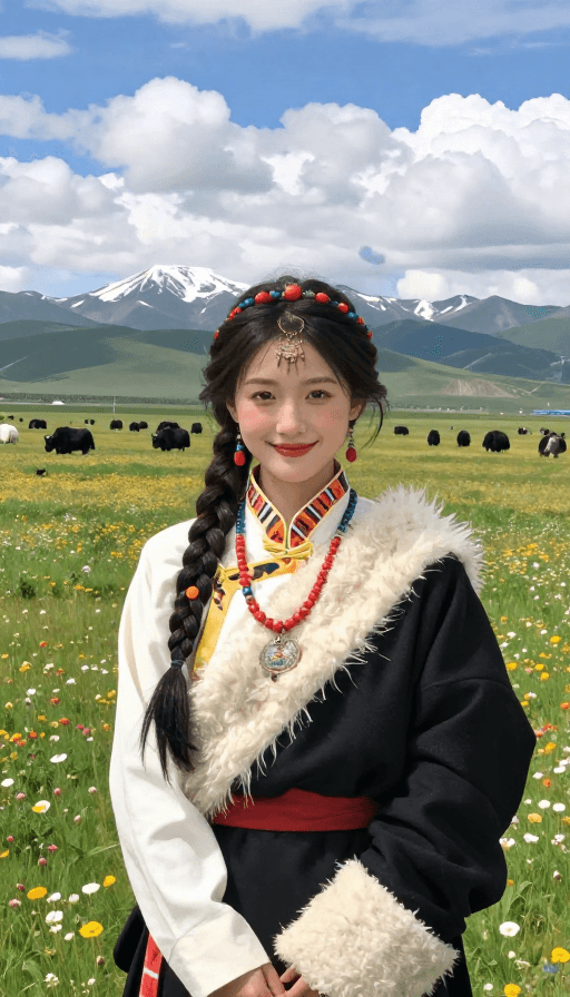 人物肖像素材：卓玛草原风情：藏族少女与雪山绽放的唯美瞬间