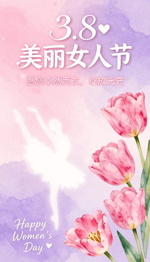 粉紫渐变素材：3.8妇女节浪漫海报：粉紫水彩与芭蕾舞者绽放光芒