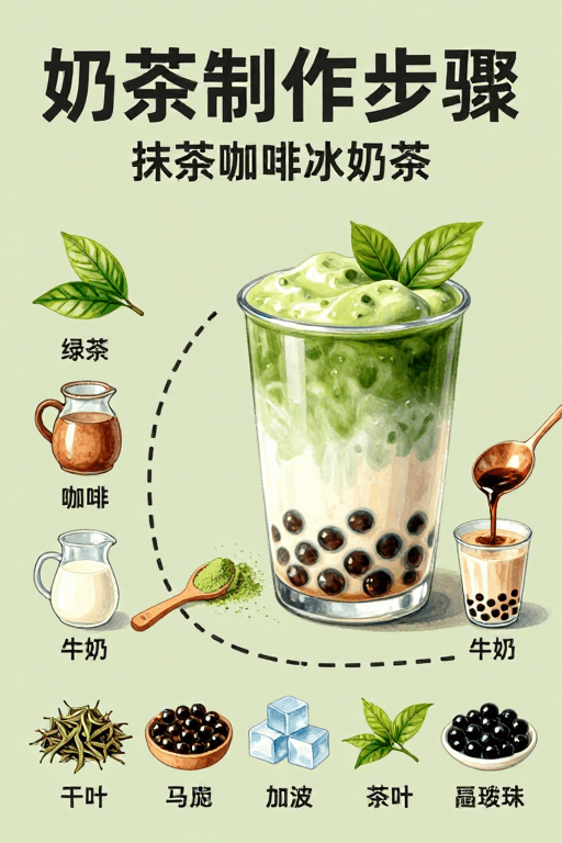 食材展示素材：清新水彩风奶茶制作步骤图解海报