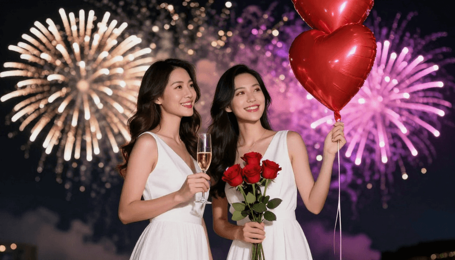 夜景素材：浪漫庆典：两位女性在烟花夜空下的优雅合影