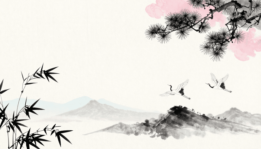 传统国画素材：水墨留白：竹松云鹤的诗意山水意境